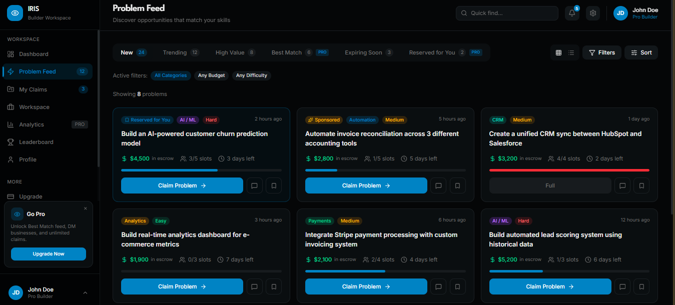 Iris builder marketplace interface