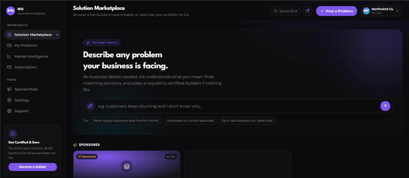 Iris business marketplace interface